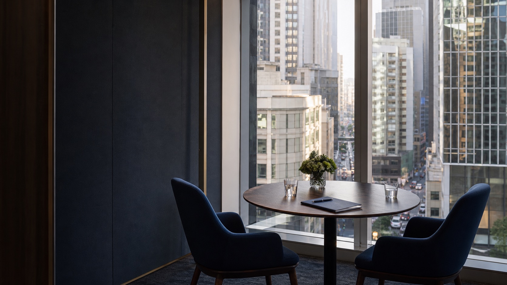 A private meeting table overlooking Queen's Road Central in Hong Kong