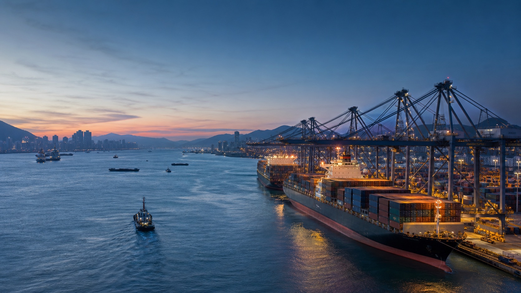 Hong Kong port operations connecting maritime trade with the city at dawn