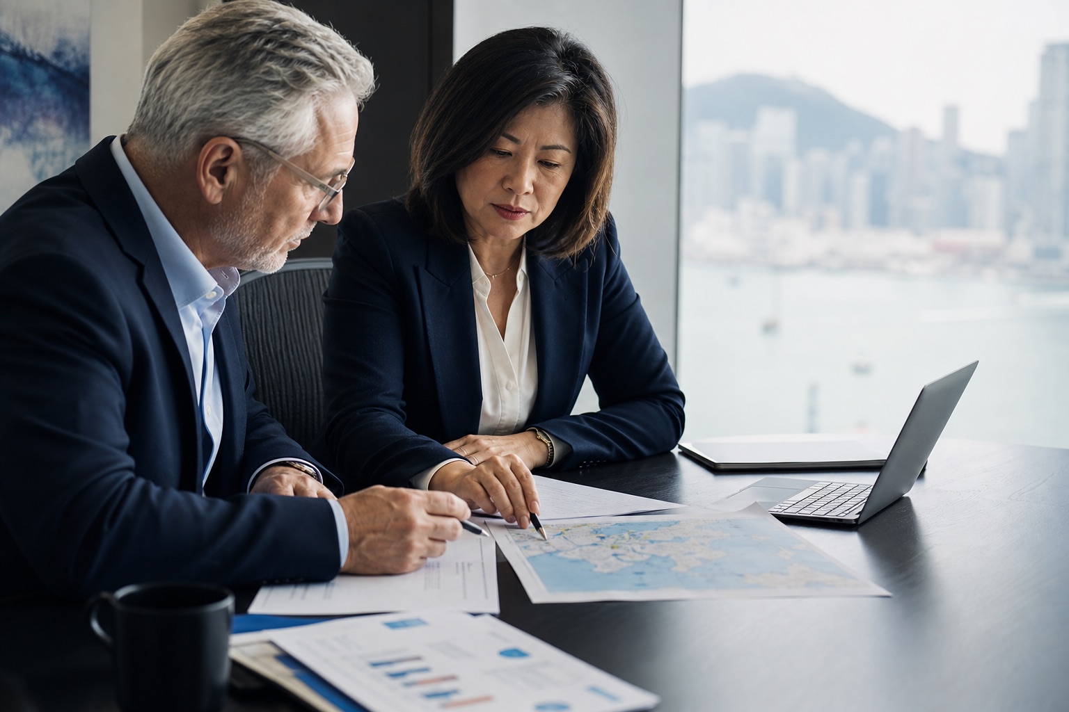 Senior consultants reviewing an international market-entry plan in Hong Kong